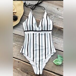 Ice and Snow Love Stripe One-piece Swimsuit white black gray halter tassels Sz M
